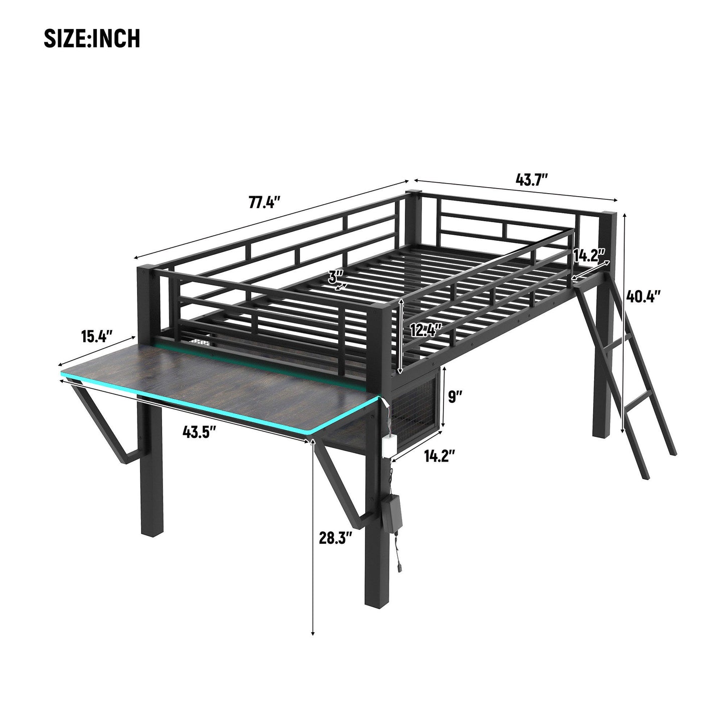 Modern Gaming Mid Loft Bed With Desk And LED Lights - The Sleep Loft - Online Mattress Showroom NYC