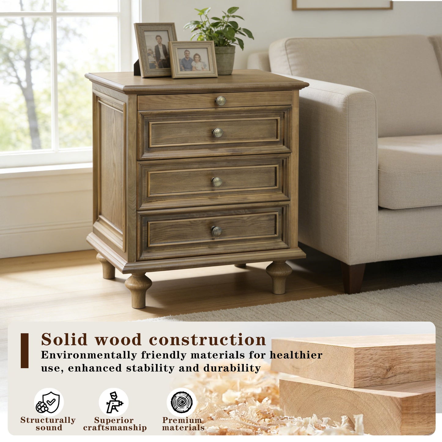 Nightstand With 4 Drawers With Hidden Pull Out Shelf - Light Brown