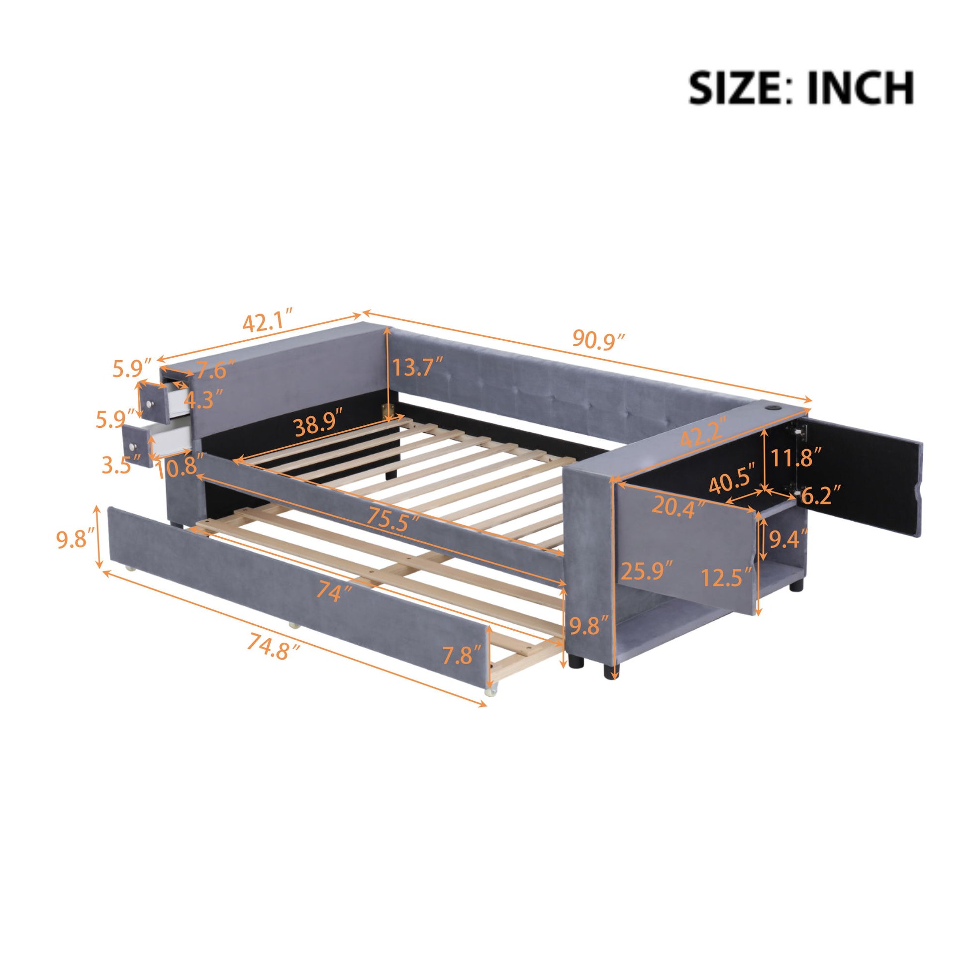 Upholstered Bed With Storage And Twin Trundle, USB Charging Ports - The Sleep Loft - Online Mattress Showroom NYC
