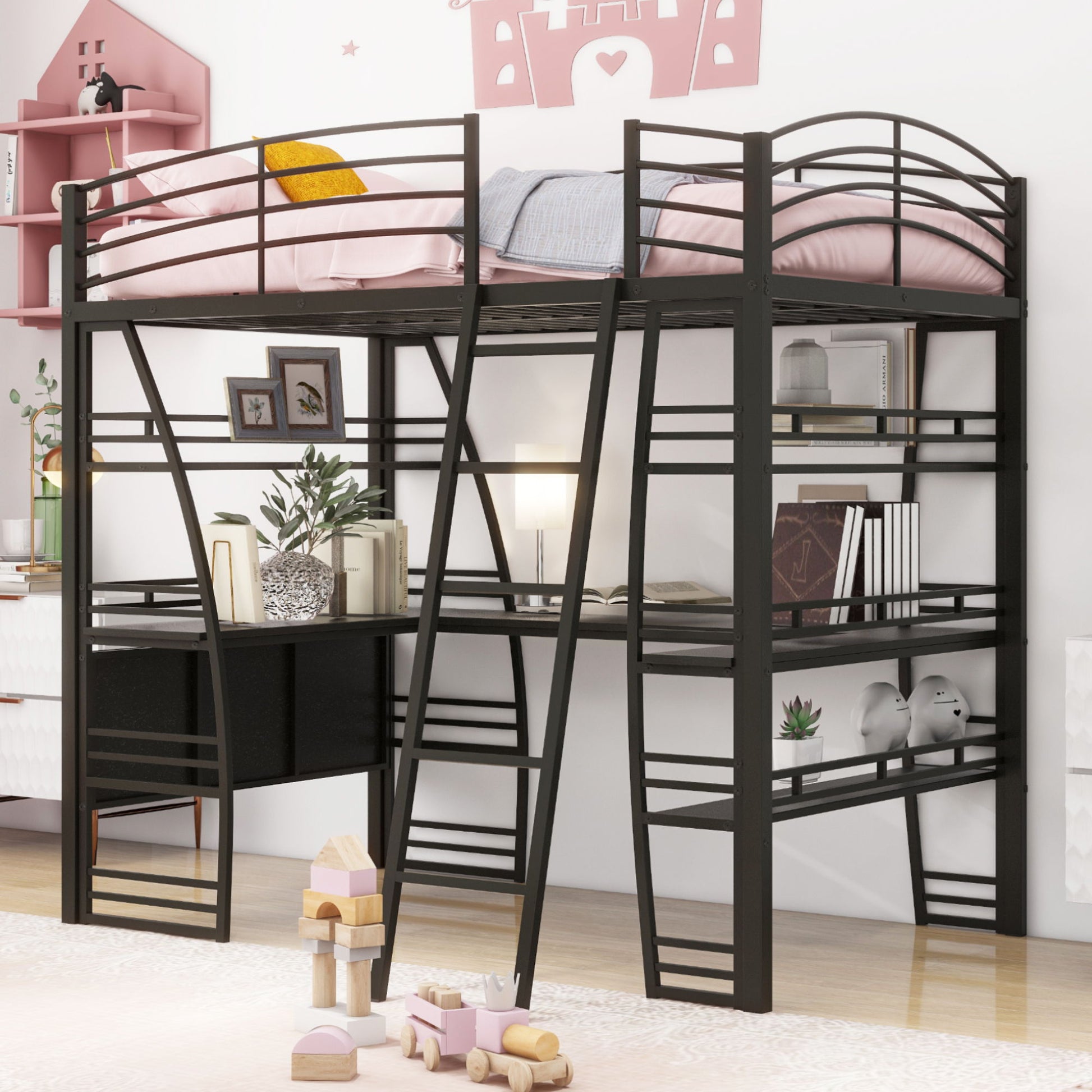 Loft Bed With 4 Layers Of Shelves And L-Shaped Desk, Stylish Metal Frame Bed With A Set Of Sockets, USB Ports And And Wireless Charging - The Sleep Loft - Online Mattress Showroom NYC