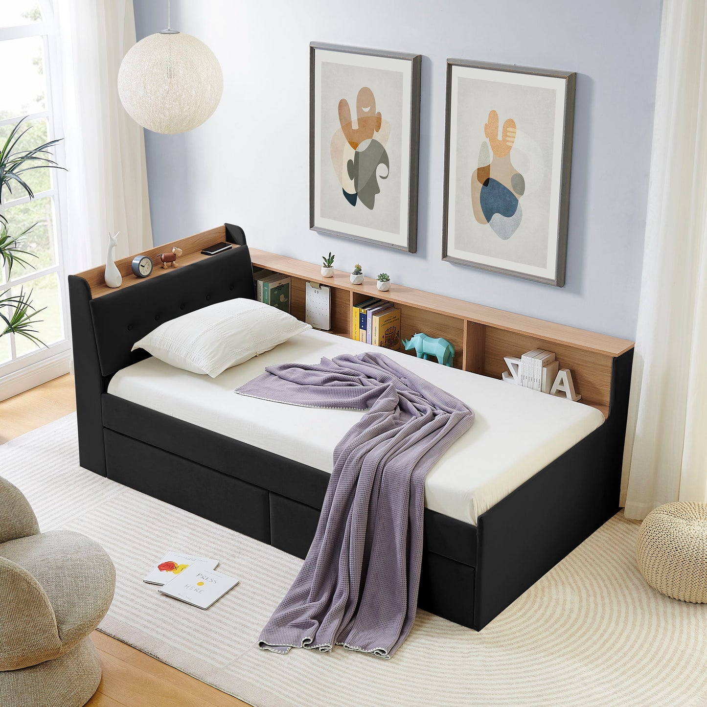 Upholstered Daybed With Storage Headboard, Wireless Charging, LED Lights - The Sleep Loft - Online Mattress Showroom NYC