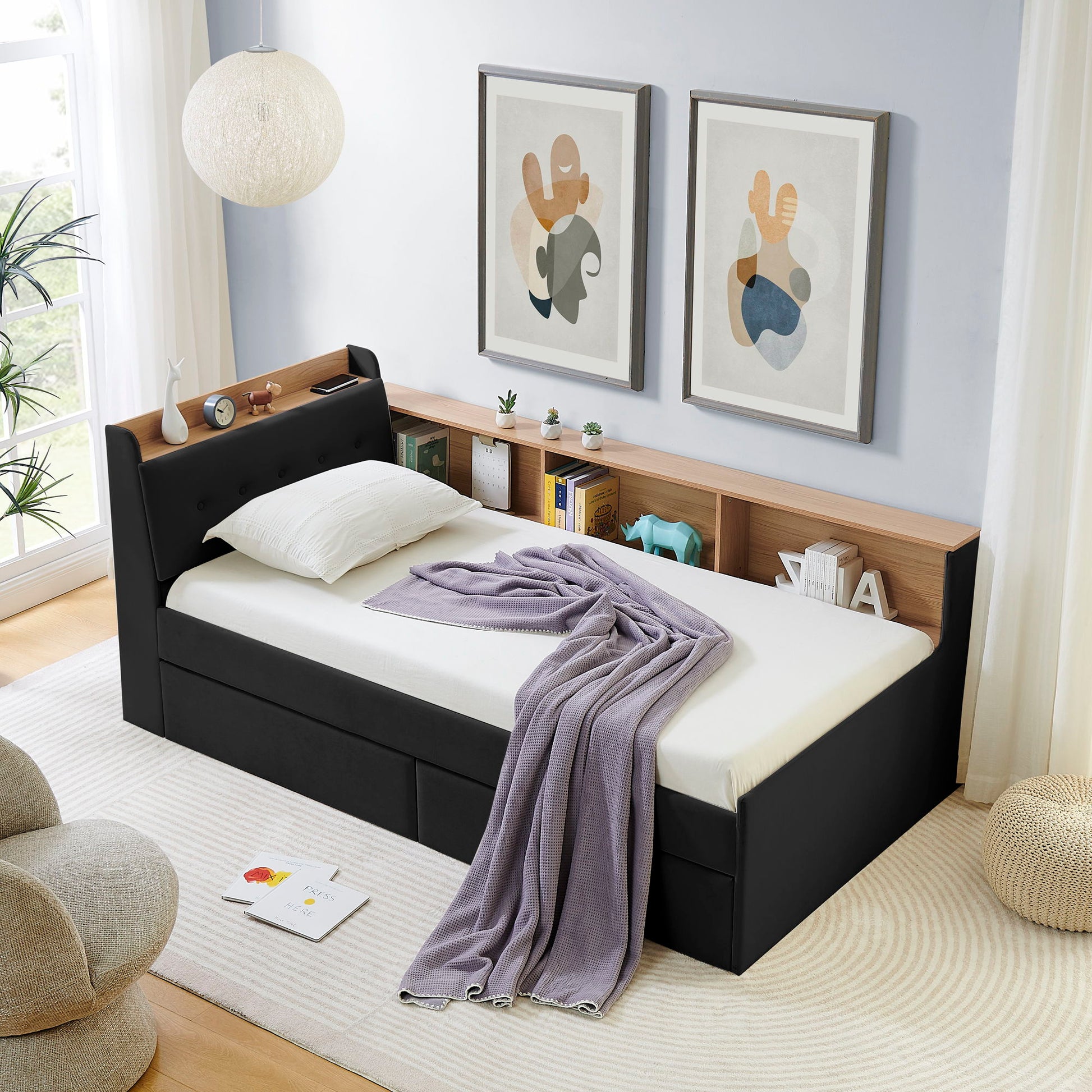 Upholstered Daybed With Storage Headboard, Wireless Charging, LED Lights - The Sleep Loft - Online Mattress Showroom NYC