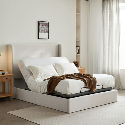 Caron - Queen Size Upholstered Wingback Bed With Adjustable Base Bundle Set - Ivory - The Sleep Loft - Online Mattress Showroom NYC