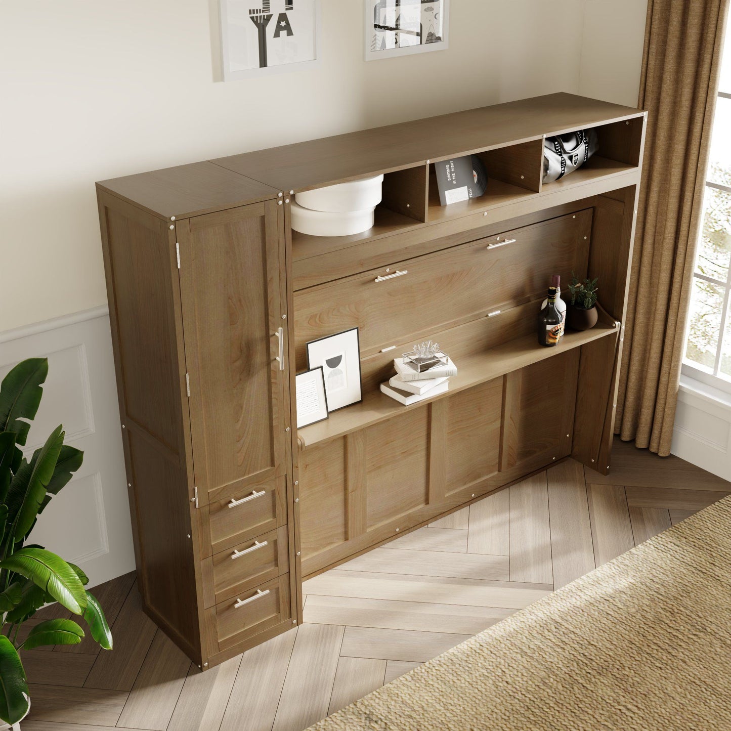Full Size Murphy Bed With Wardrobe, Drawers, And Open Shelves - Wood - The Sleep Loft - Online Mattress Showroom NYC