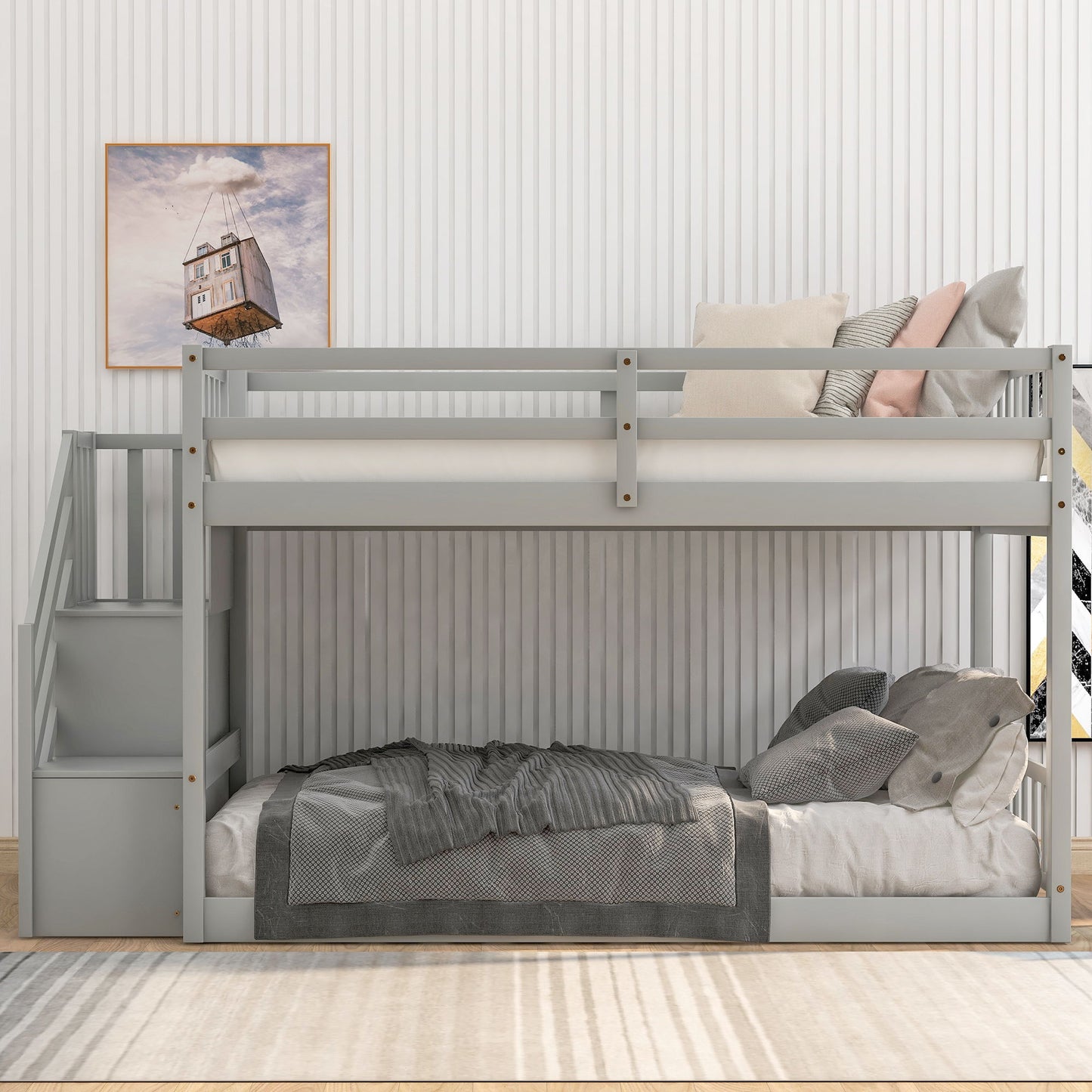 Twin Over Twin Floor Bunk Bed, Ladder With Storage - The Sleep Loft - Online Mattress Showroom NYC