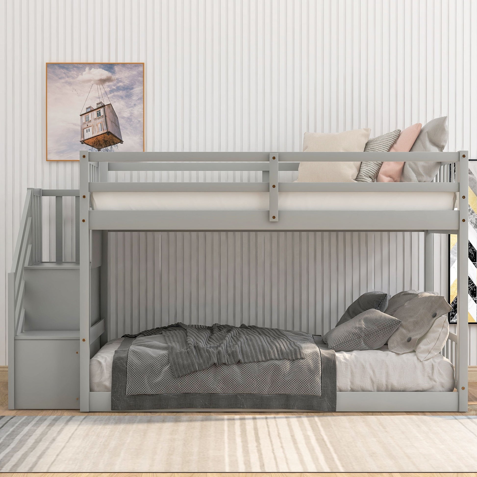Twin Over Twin Floor Bunk Bed, Ladder With Storage - The Sleep Loft - Online Mattress Showroom NYC