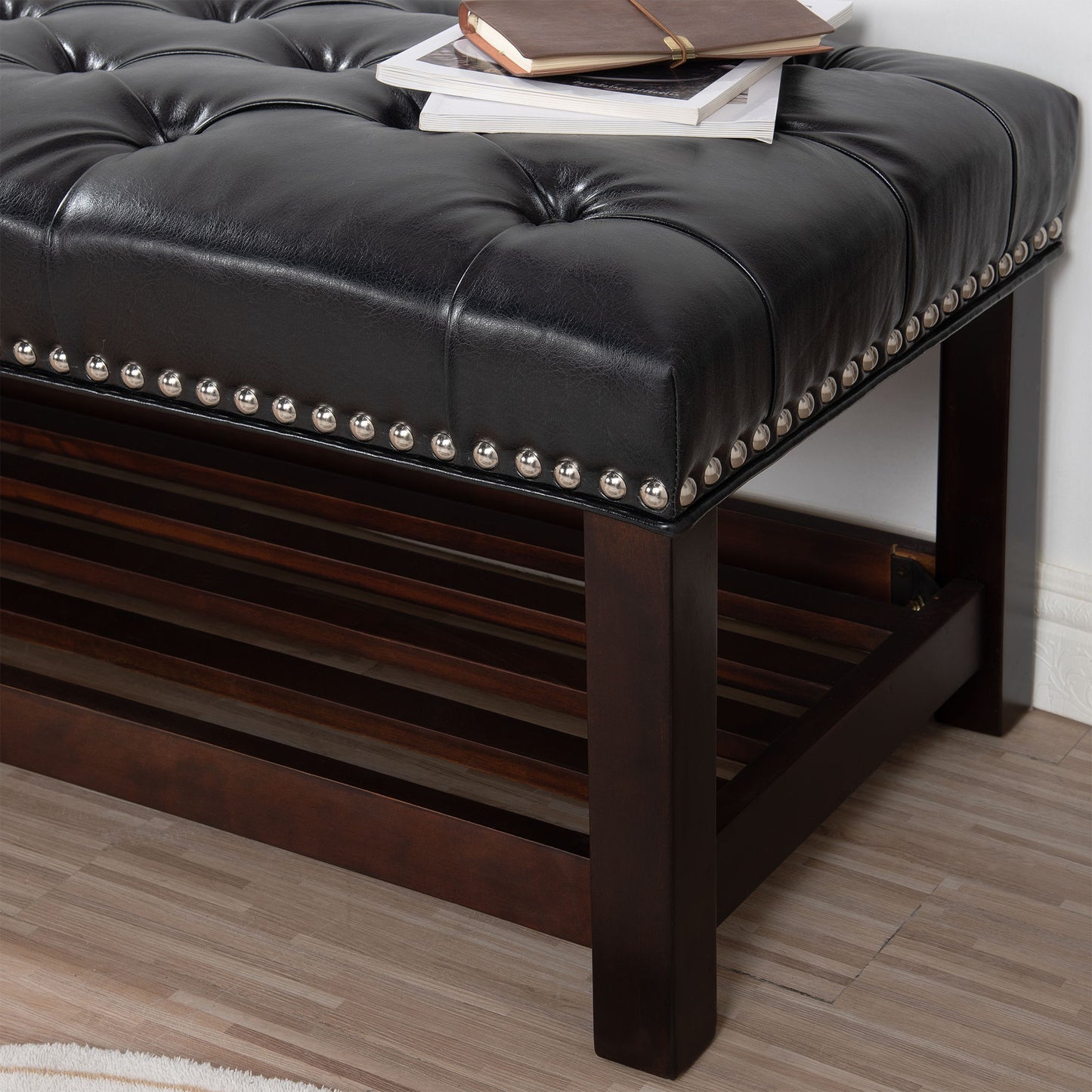 Bedroom End Of Bed Bench Tufted Upholstered End Of Bed Bench End Of Bed Entrance Shoe Bench With Nailhead Trim And Shelf Bedroom Upholstered Bench Living Room Shoe Rack Footstool - The Sleep Loft - Online Mattress Showroom NYC