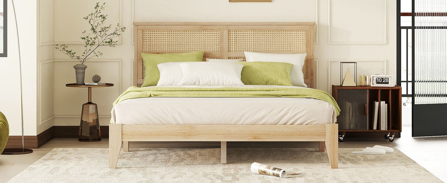 Queen Size Rubber Wooden, Solid Wooden Bed With Rattan Headboard, Enhanced By Support Feet - Natural - The Sleep Loft - Online Mattress Showroom NYC