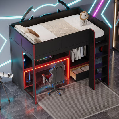 Gaming Loft Bed With Built In Desk, Wardrobe, LED Lighting And Drawer - The Sleep Loft - Online Mattress Showroom NYC