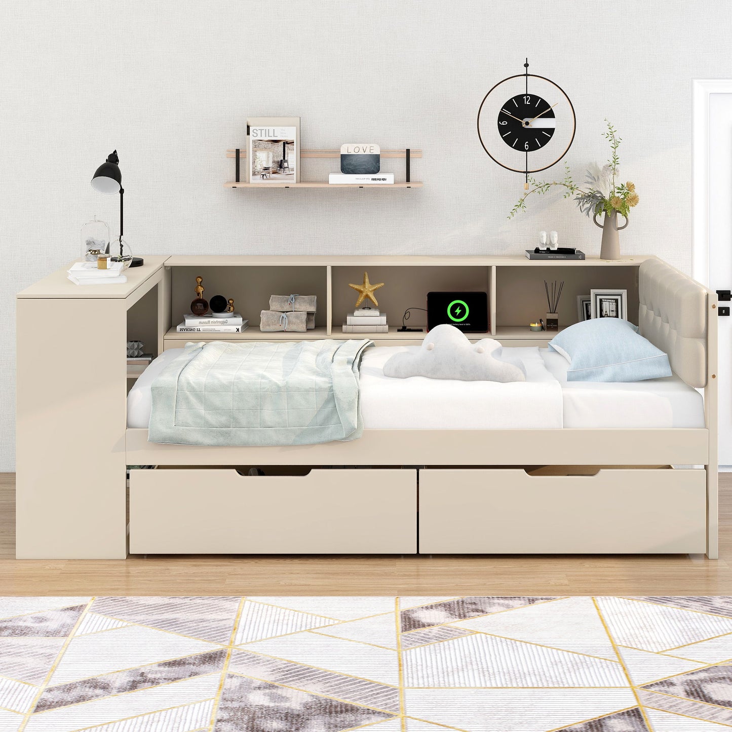 Upholstered Headboard Platform Bed With Storage Shelves, Drawers, Charging Station - The Sleep Loft - Online Mattress Showroom NYC
