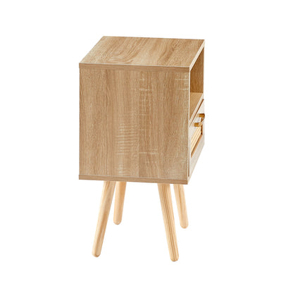 15.75" Rattan End Table With Drawer And Solid Wood Legs, Modern Nightstand, Side Table For Living Room, Bedroom - The Sleep Loft - Online Mattress Showroom NYC