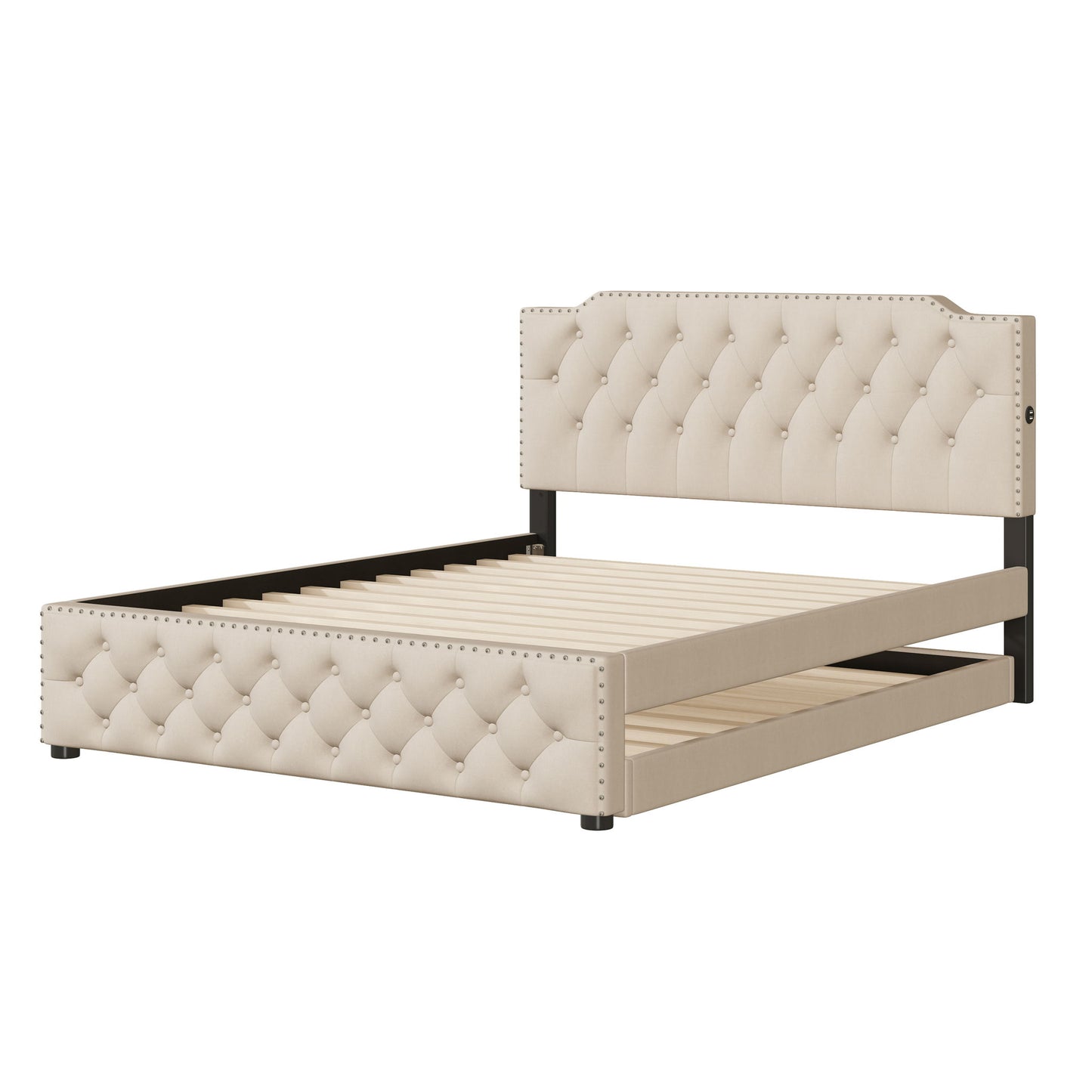 Upholstered Platform Bed With Trundle And 2 Sets Of USB Ports On Each Side, Linen Fabric - The Sleep Loft - Online Mattress Showroom NYC