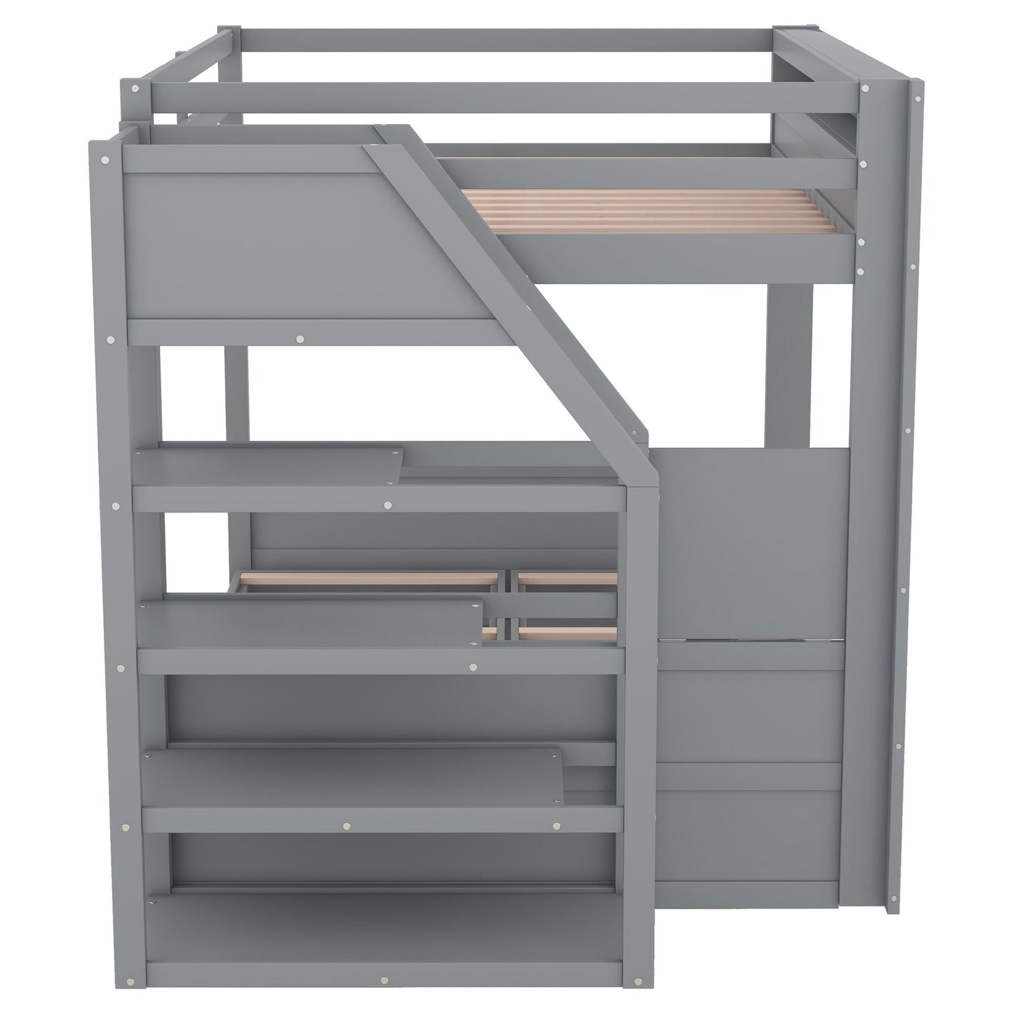 Wood Full Size Convertible Bunk Bed With Storage Staircase, Bedside Table, And 3 Drawers - Gray - The Sleep Loft - Online Mattress Showroom NYC