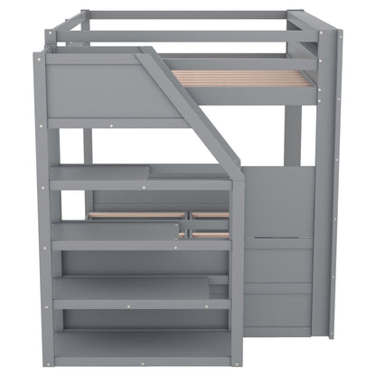 Wood Full Size Convertible Bunk Bed With Storage Staircase, Bedside Table, And 3 Drawers - Gray - The Sleep Loft - Online Mattress Showroom NYC