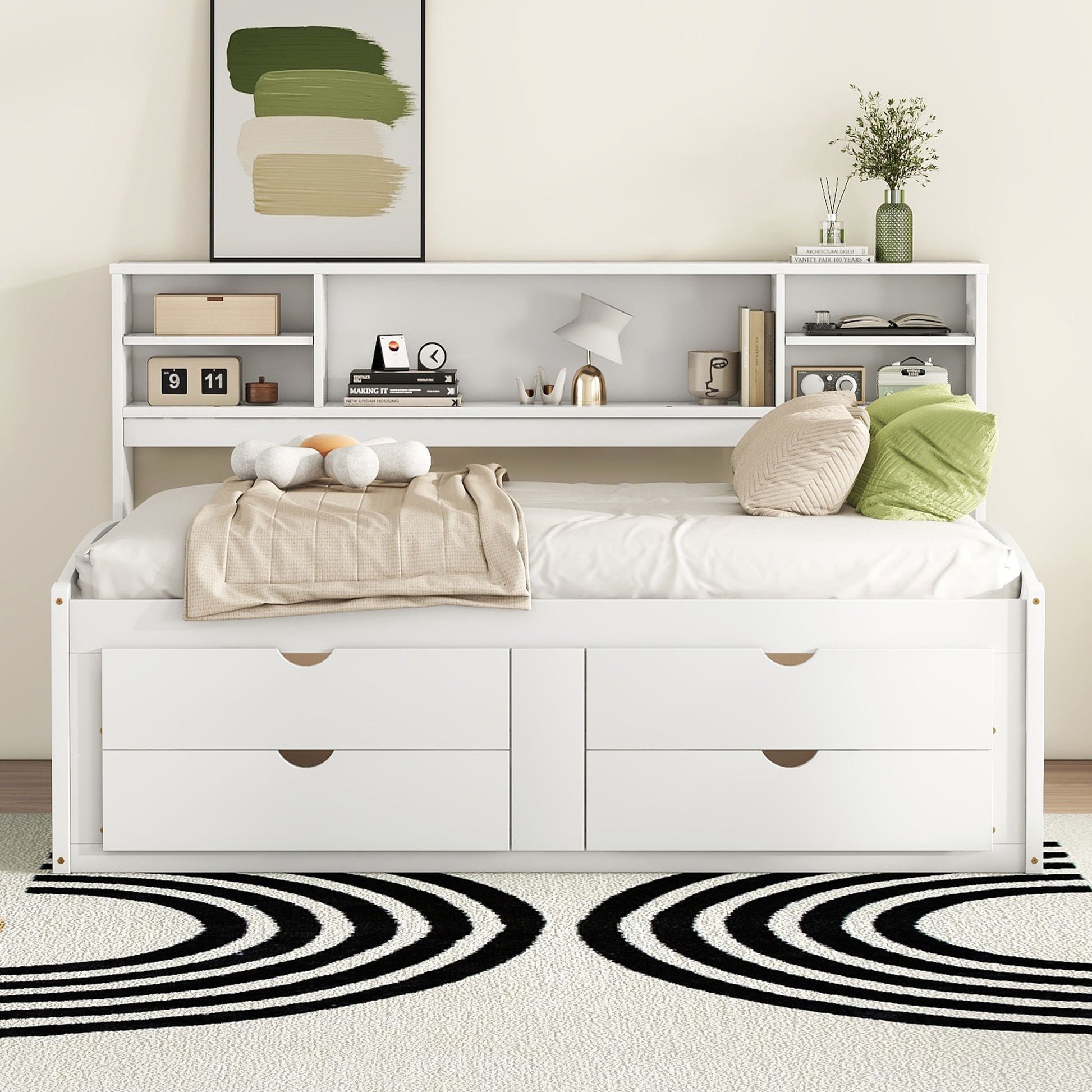 Daybed With 2 Bedside Cabinets, Upper Shelves And 4 Drawers - The Sleep Loft - Online Mattress Showroom NYC