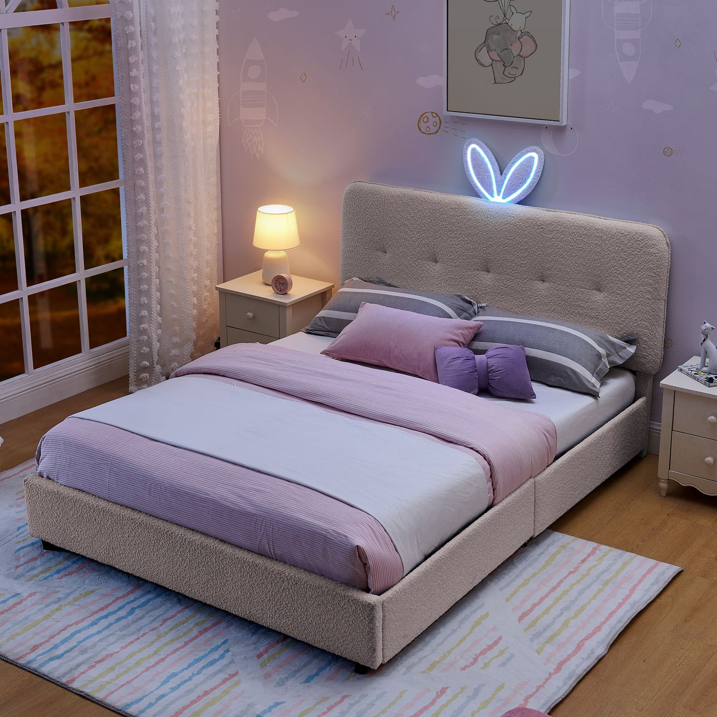 Upholstered Bed With Oversized Rabbit Ear Headboard, LED Lights & 4 Storage Drawers - The Sleep Loft - Online Mattress Showroom NYC