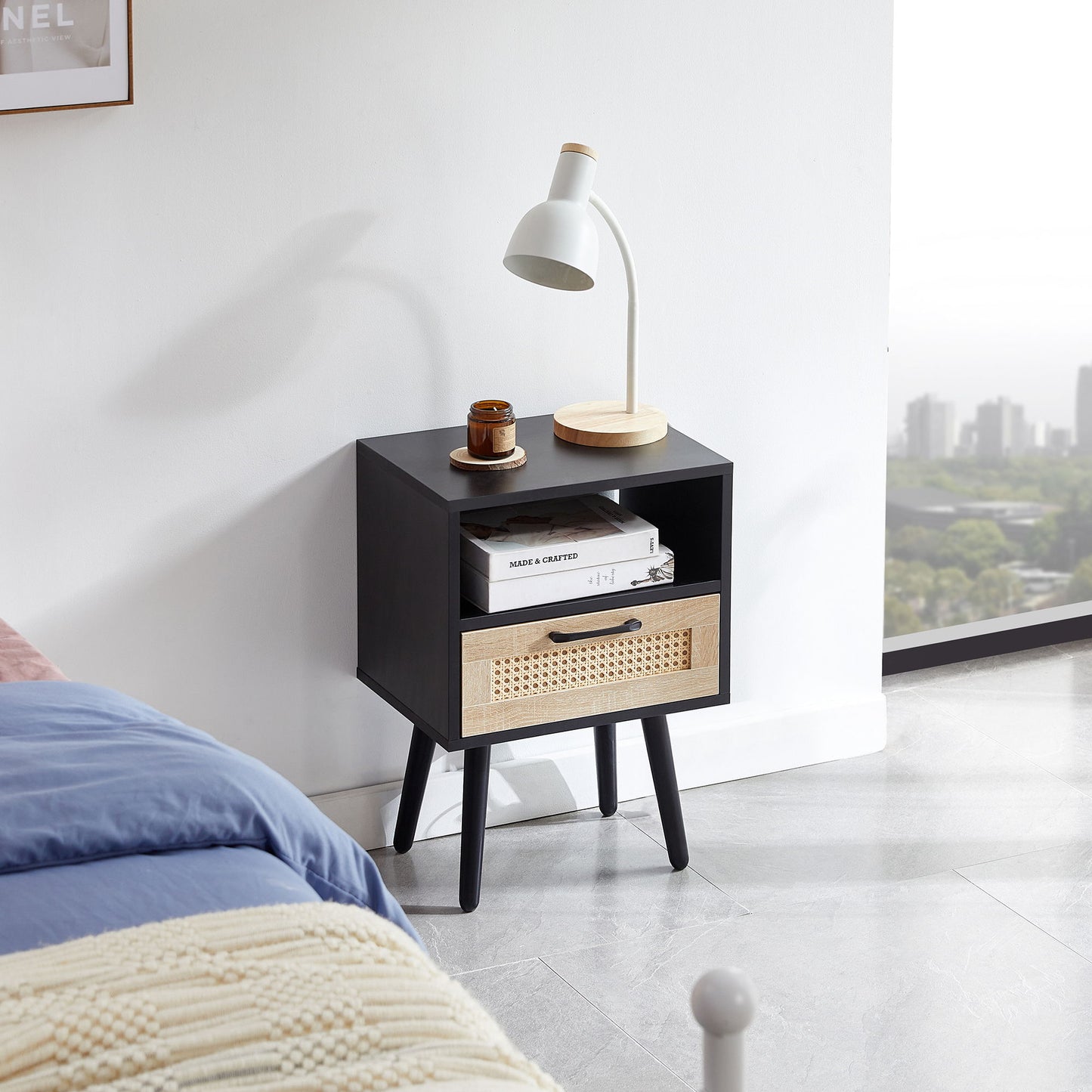 15.75" Rattan End Table With Drawer And Solid Wood Legs, Modern Nightstand, Side Table For Living Room, Bedroom - The Sleep Loft - Online Mattress Showroom NYC