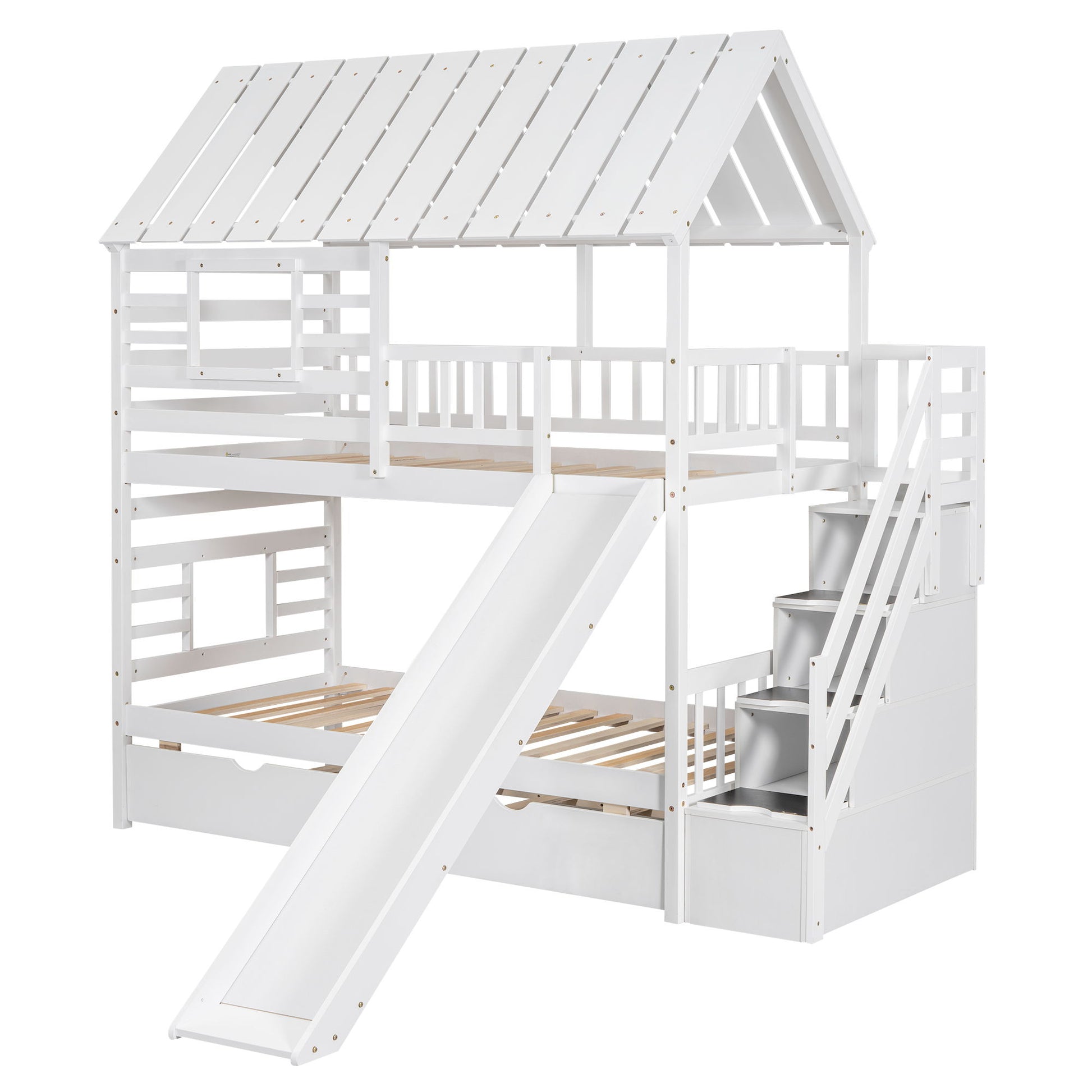 House Bunk Bed With Trundle, Storage Staircase, Roof And Window Design - The Sleep Loft - Online Mattress Showroom NYC