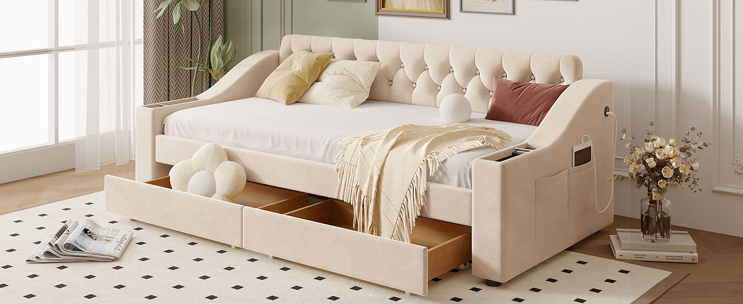 Upholstered Daybed With Storage Armrests And USB Port - The Sleep Loft - Online Mattress Showroom NYC