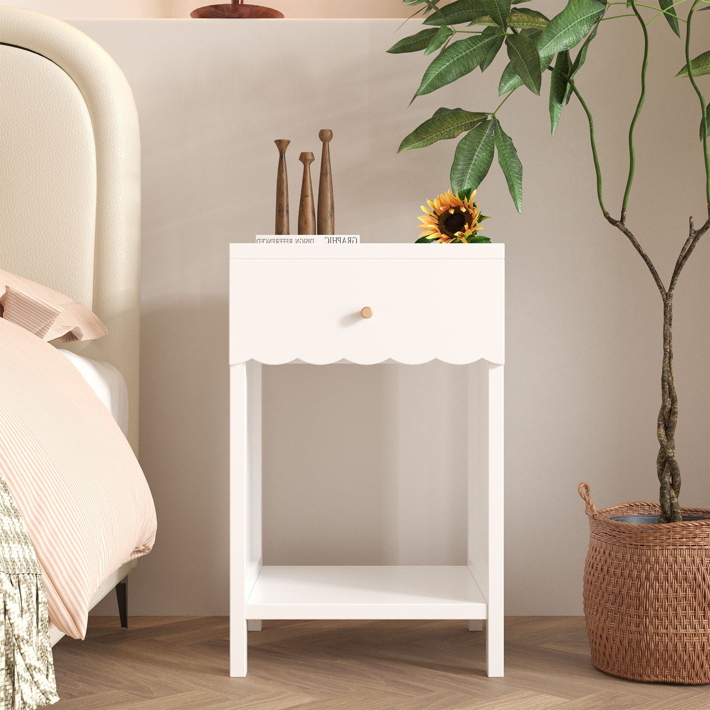Nightstand With Drawer And Open Shelf, Scalloped Edge Bedside Table - The Sleep Loft - Online Mattress Showroom NYC