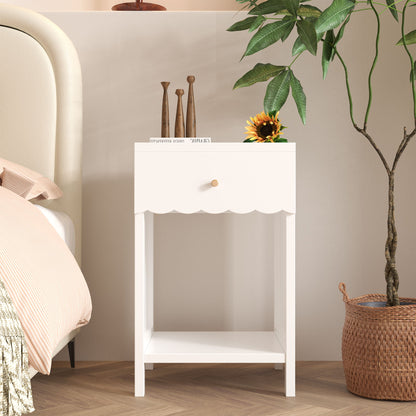 Nightstand With Drawer And Open Shelf, Scalloped Edge Bedside Table - The Sleep Loft - Online Mattress Showroom NYC