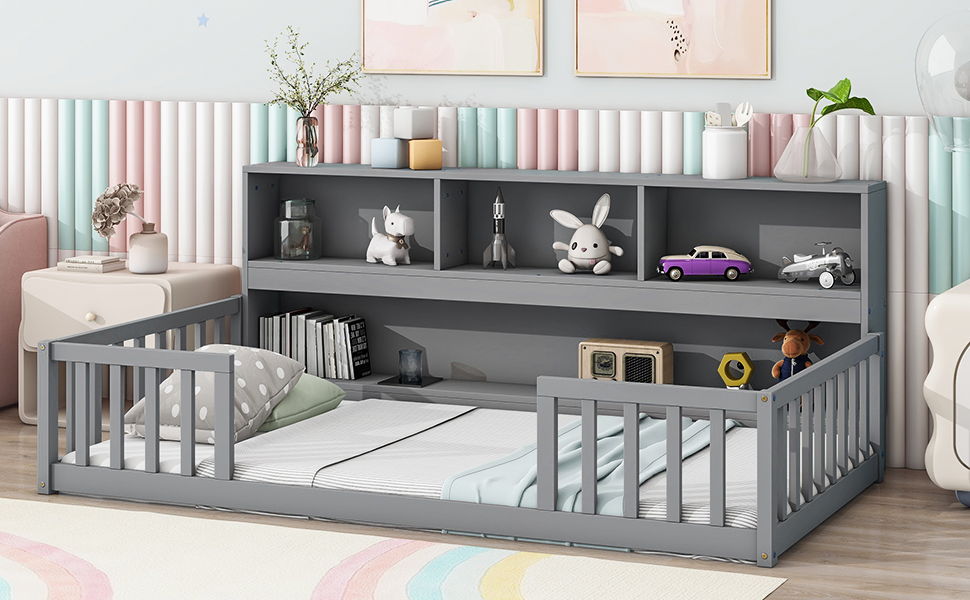 Floor Bed With Bedside Bookcase, Shelves, Guardrails - The Sleep Loft - Online Mattress Showroom NYC