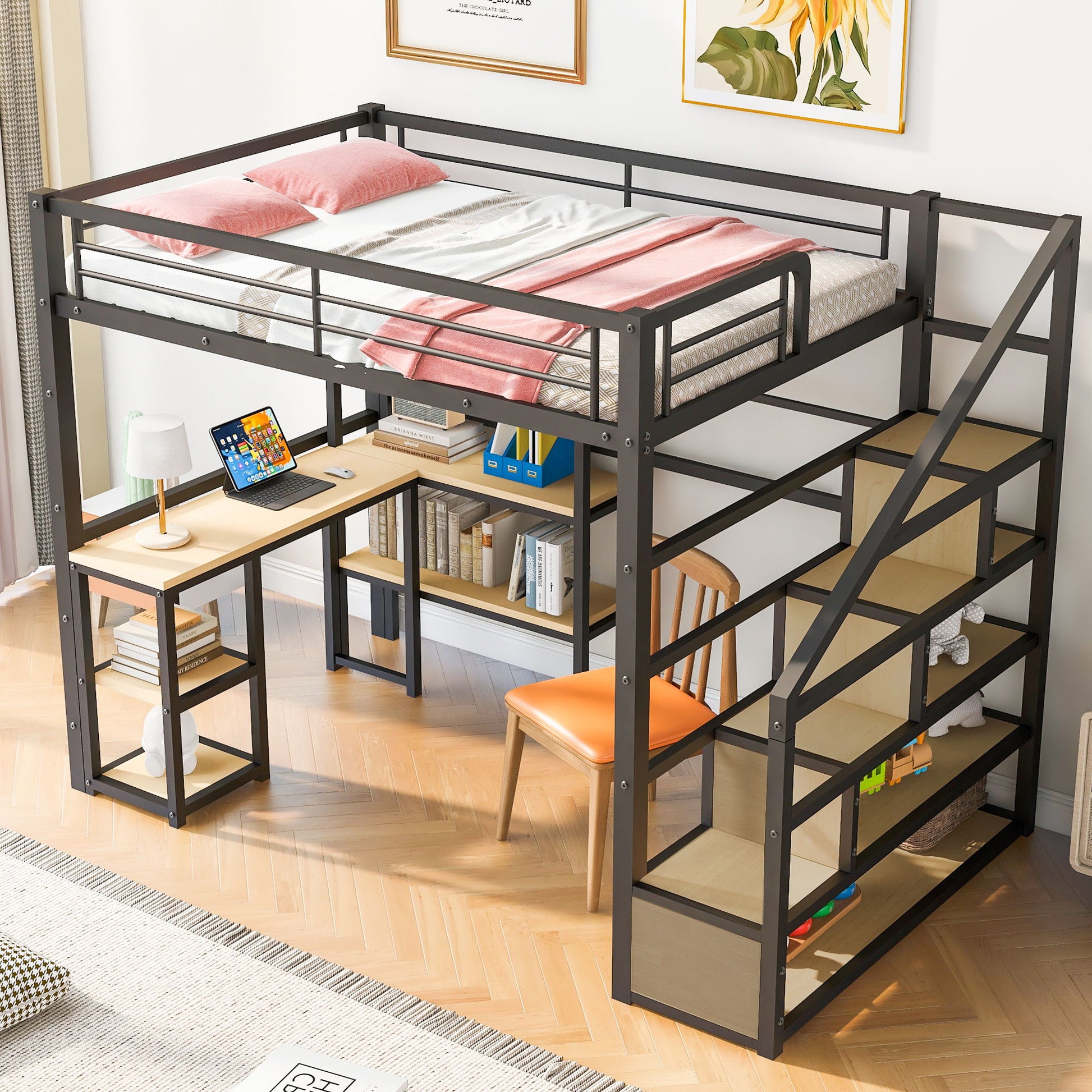 Full Size Loft Bed With Staircase, Built In Desk And Shelves And Sleeping Surface - Black - The Sleep Loft - Online Mattress Showroom NYC