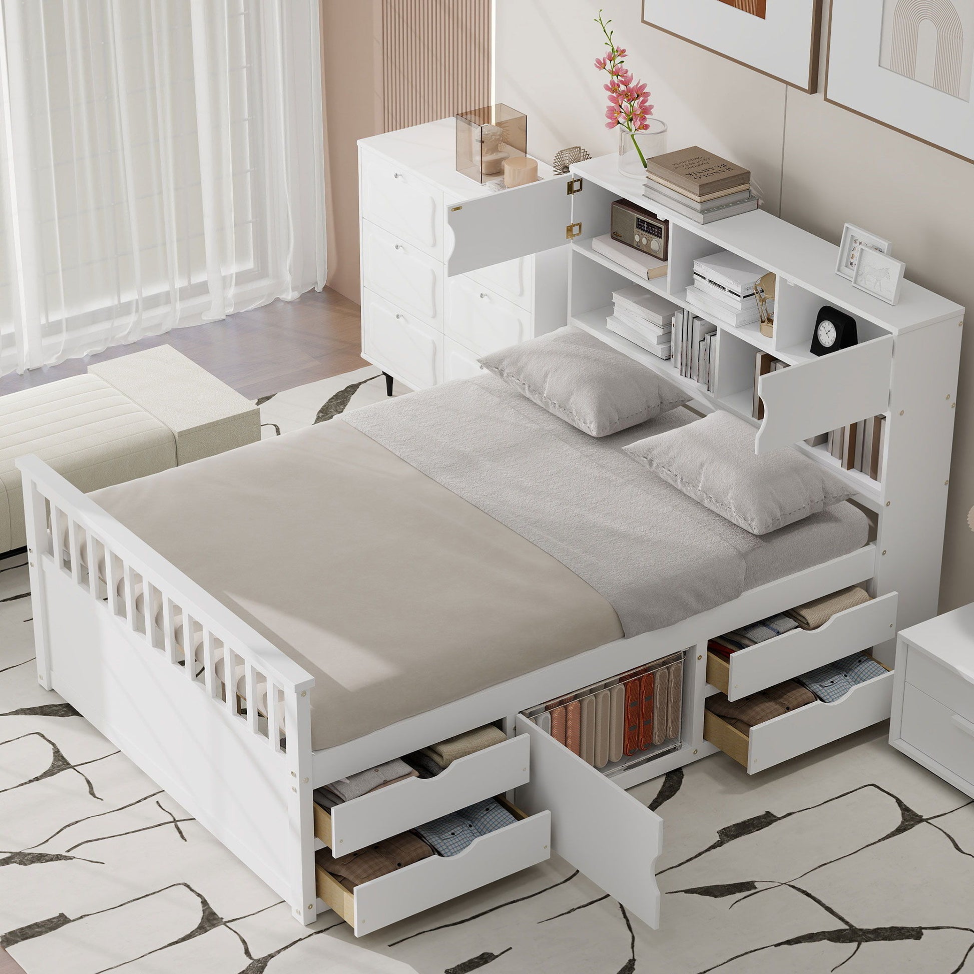 Captain Platform Bed Frame With Bookcase Headboard, 4 Drawers, Storage Shelves - The Sleep Loft - Online Mattress Showroom NYC
