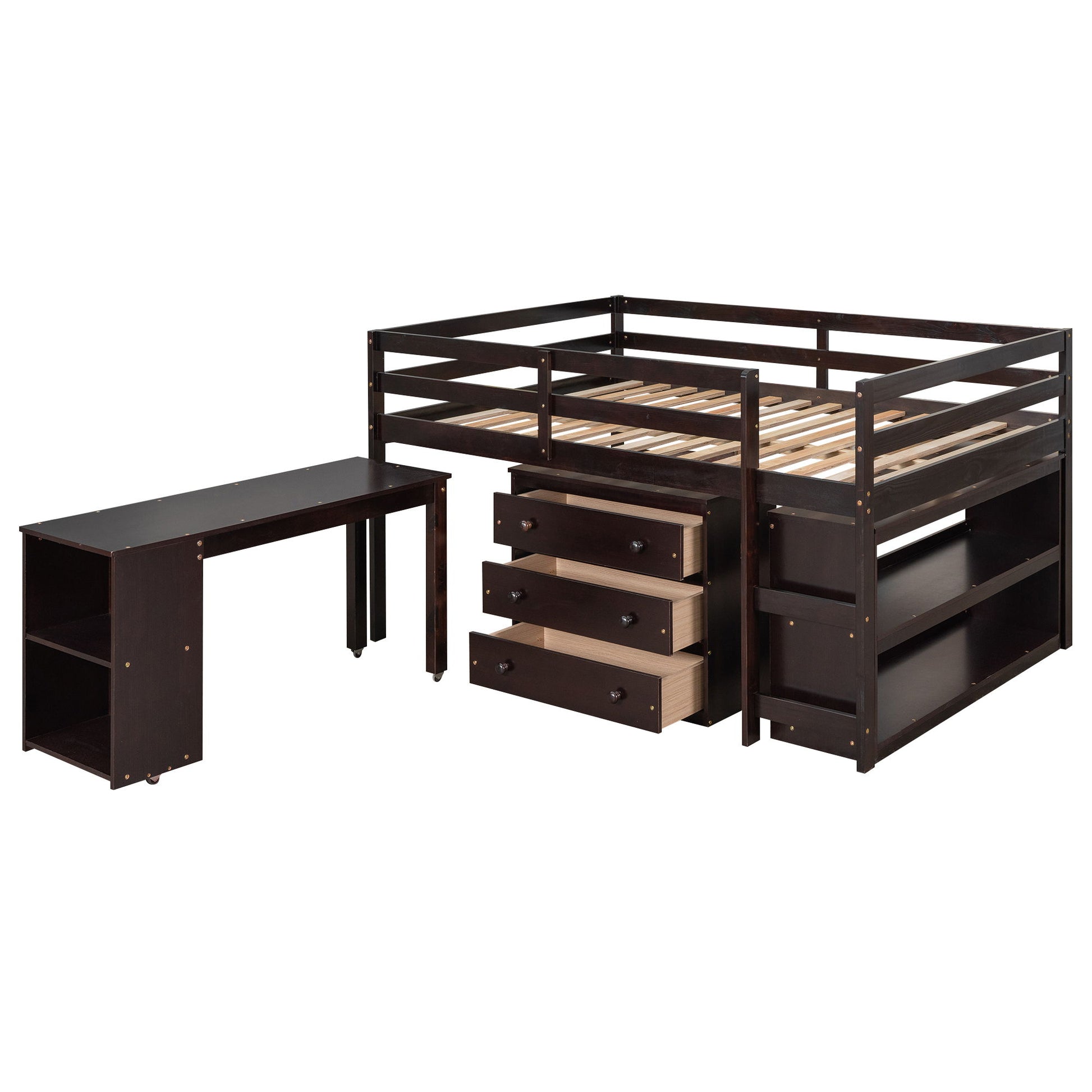 Loft Low Study Bed With Cabinet, Shelves And Rolling Portable Desk, Multiple Functions - The Sleep Loft - Online Mattress Showroom NYC