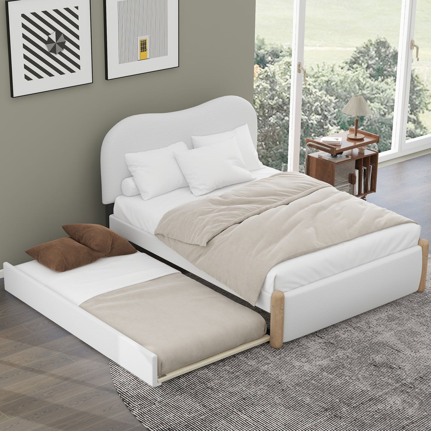 Upholstered Platform Bed With Wood Supporting Feet And Trundle - The Sleep Loft - Online Mattress Showroom NYC