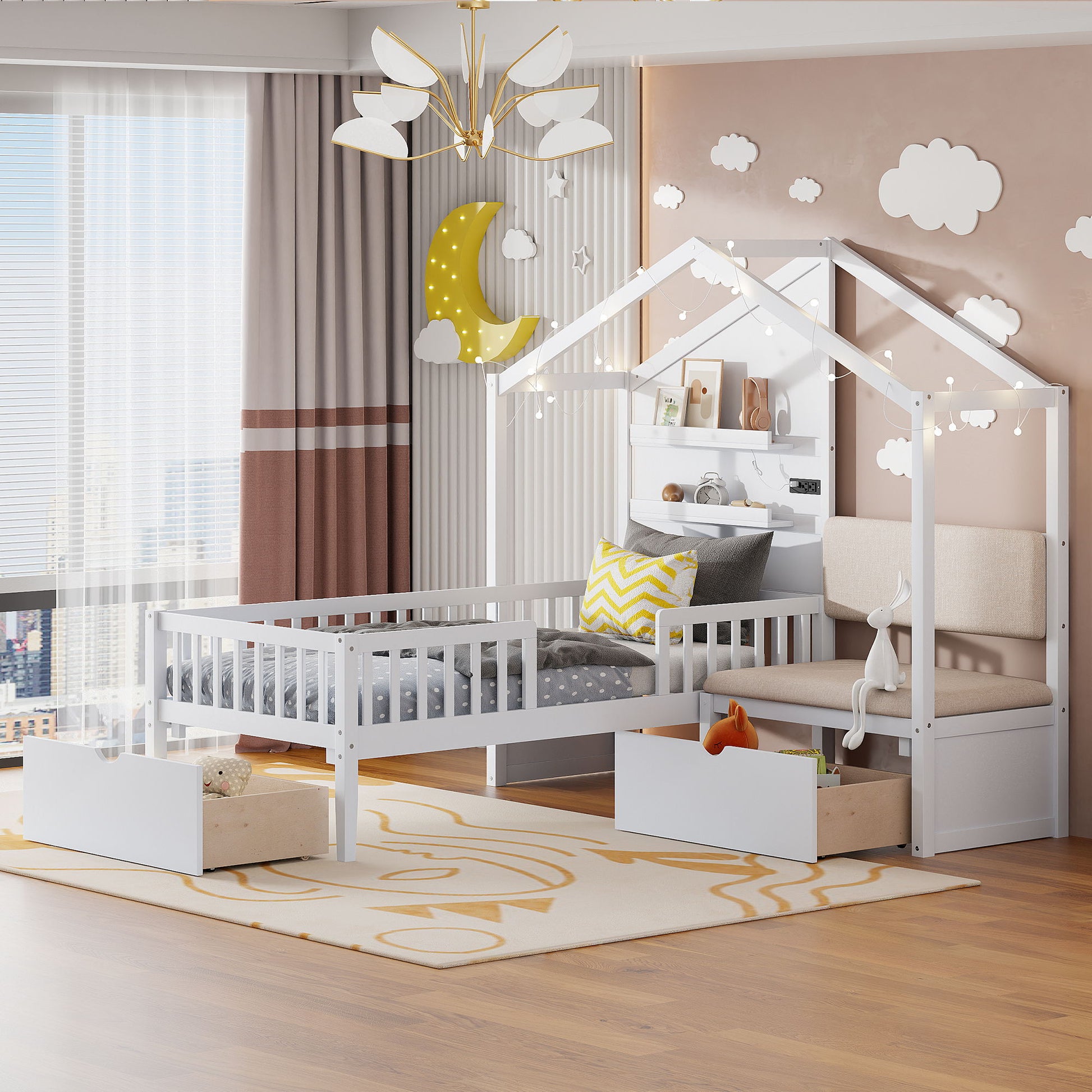 House Bed With Upholstered Sofa, Wireless Charging Station, Shelves And 2 Drawers - The Sleep Loft - Online Mattress Showroom NYC