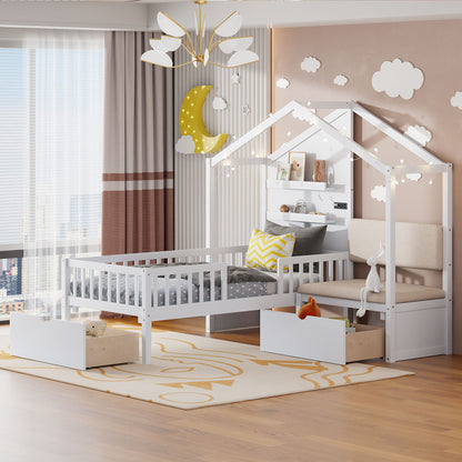 House Bed With Upholstered Sofa, Wireless Charging Station, Shelves And 2 Drawers - The Sleep Loft - Online Mattress Showroom NYC
