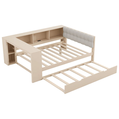 Upholstered Headboard Platform Bed With Storage Shelves, Trundle, Charging Station - The Sleep Loft - Online Mattress Showroom NYC