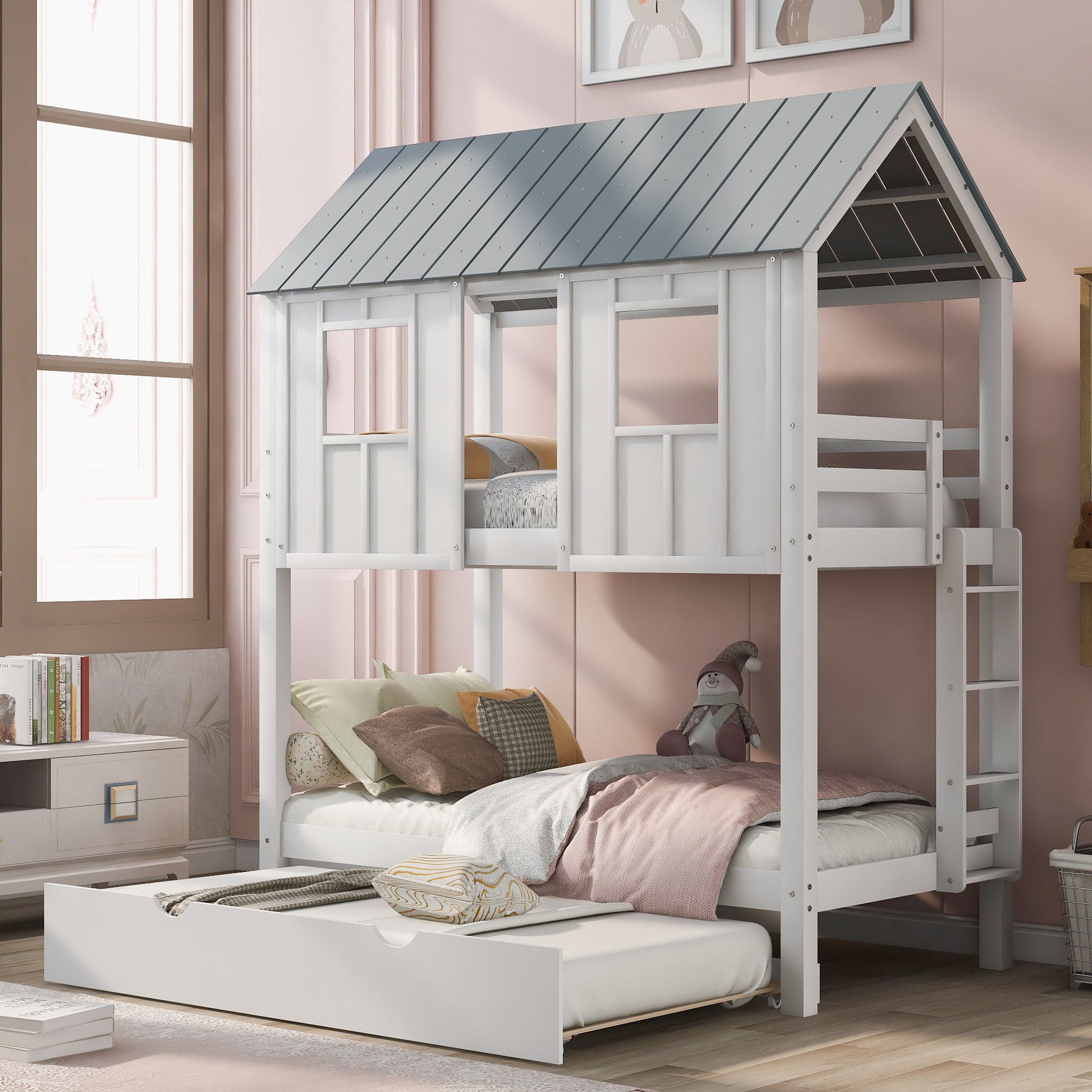 Twin Size House Bunk Bed With Trundle, Roof And Windows - White / Gray - The Sleep Loft - Online Mattress Showroom NYC