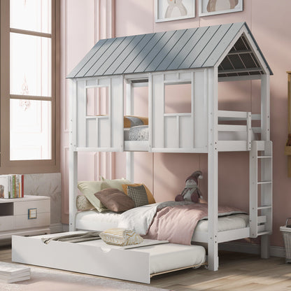 Twin Size House Bunk Bed With Trundle, Roof And Windows - White / Gray - The Sleep Loft - Online Mattress Showroom NYC