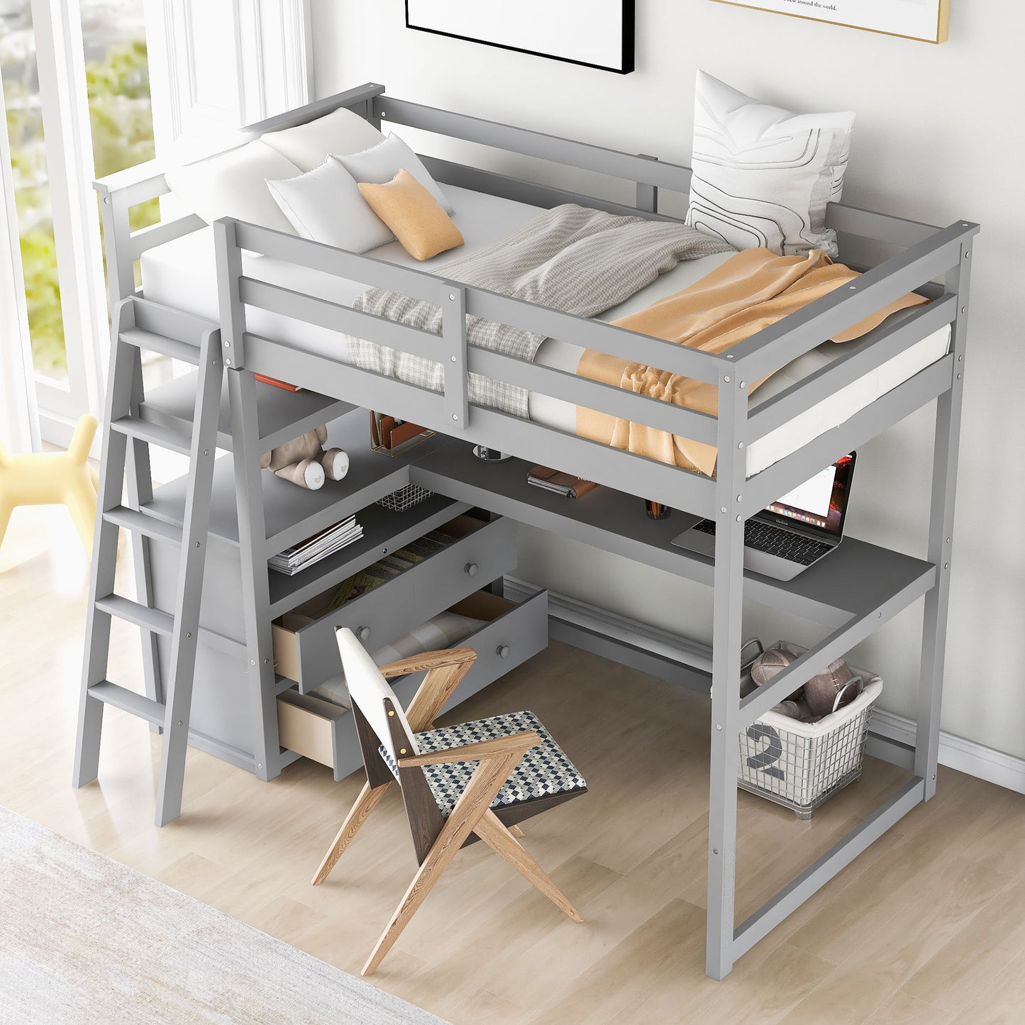 Modern Loft Bed With Built In Desk, Shelves, And 2 Drawers - The Sleep Loft - Online Mattress Showroom NYC
