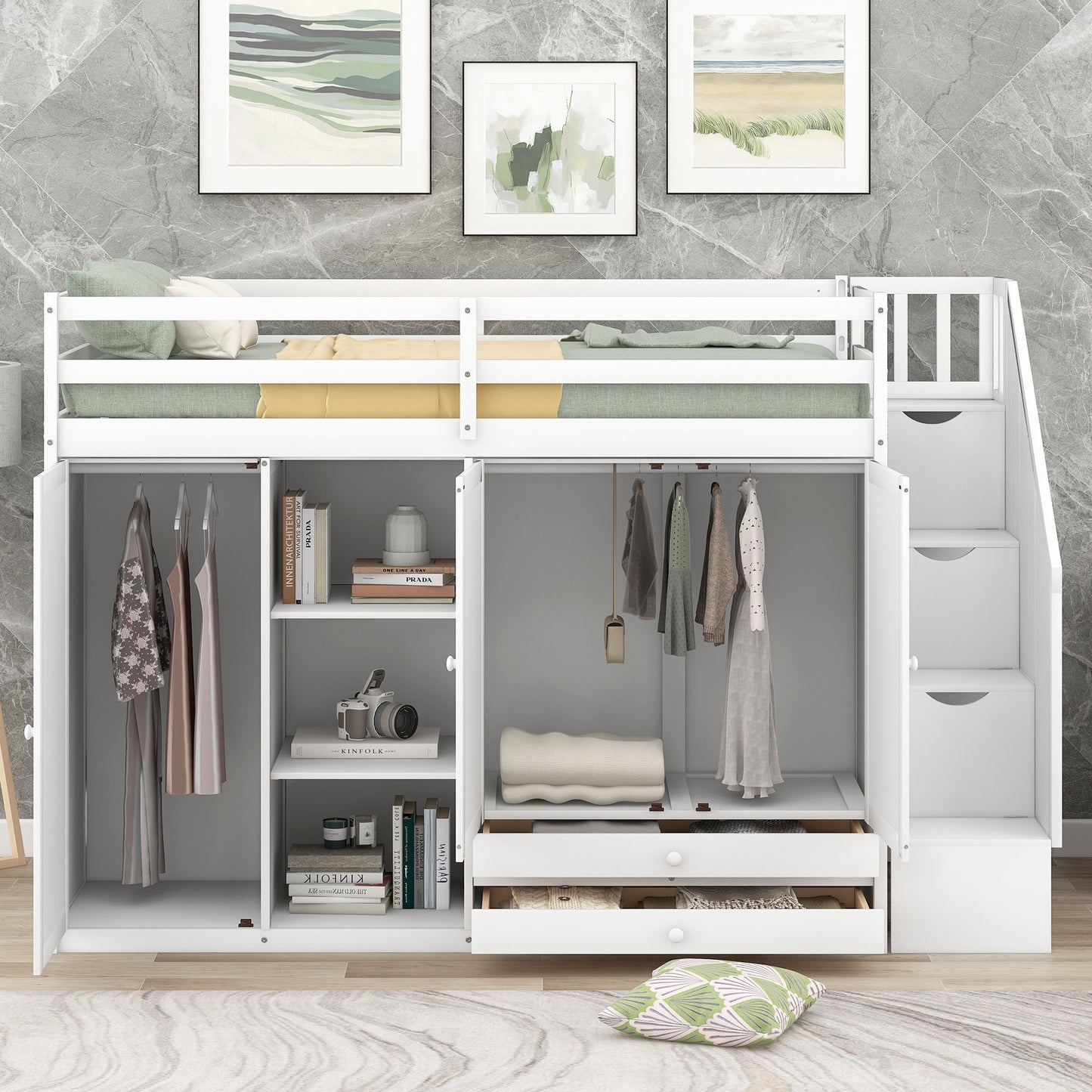 Loft Bed With 3 Shelves, 2 Wardrobes, 2 Drawers, Ladder Storage - The Sleep Loft - Online Mattress Showroom NYC