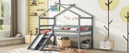 Low Loft House Bed With Slide, Ladder, Safety Guardrails, House Roof Frame - The Sleep Loft - Online Mattress Showroom NYC