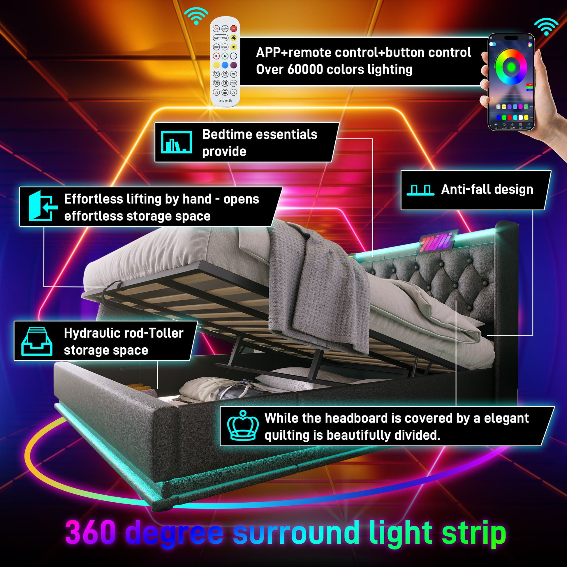 Upholstered Bed, 360 Surround LED Function, Remote Control, Hydraulic Storage Bed With USB, Type-C Charging (Without Mattress) - The Sleep Loft - Online Mattress Showroom NYC