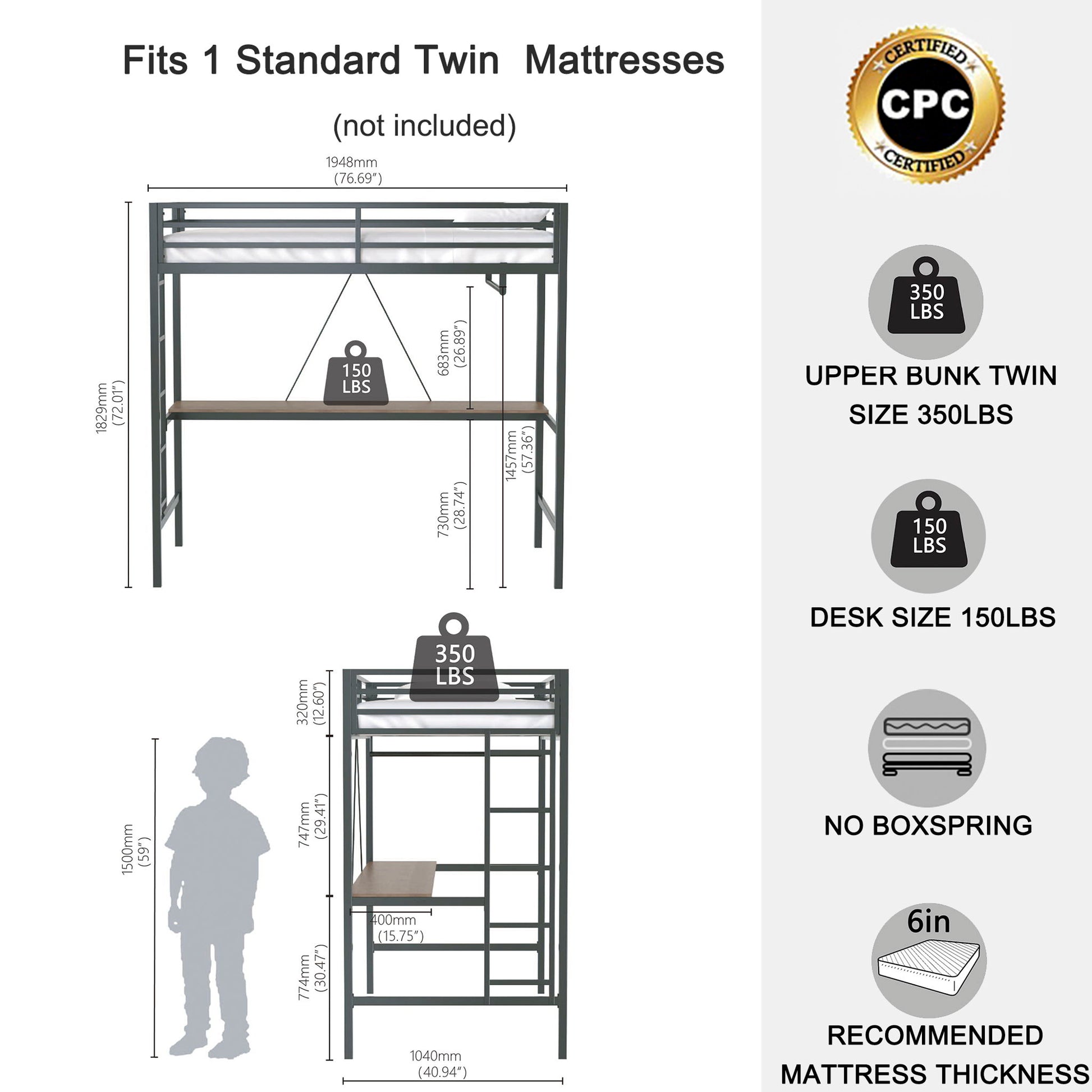 Adam - Twin Loft Bunk Bed With Cinnamon Wood Desk And Closet Rod - Black - The Sleep Loft - Online Mattress Showroom NYC