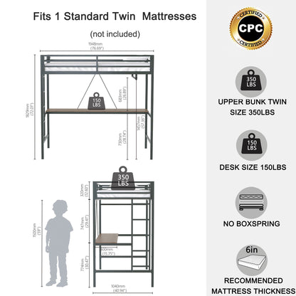 Adam - Twin Loft Bunk Bed With Cinnamon Wood Desk And Closet Rod - Black - The Sleep Loft - Online Mattress Showroom NYC