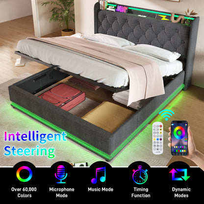Upholstered Bed, 360 Surround LED Function, Remote Control, Hydraulic Storage Bed With USB, Type-C Charging (Without Mattress) - The Sleep Loft - Online Mattress Showroom NYC