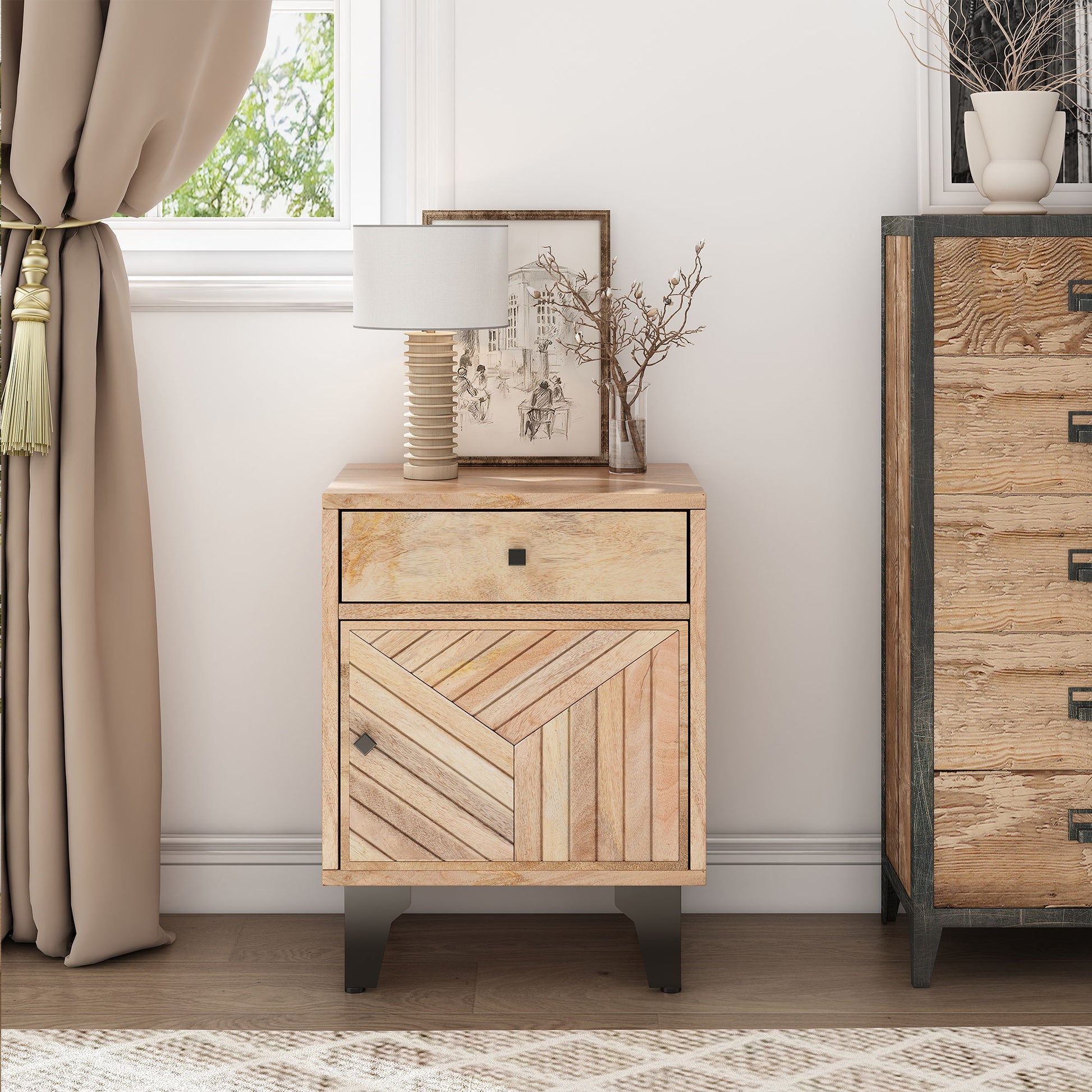 Solid Wood Vintage Nightstand With Handcrafted Detailing - Natural - The Sleep Loft - Online Mattress Showroom NYC