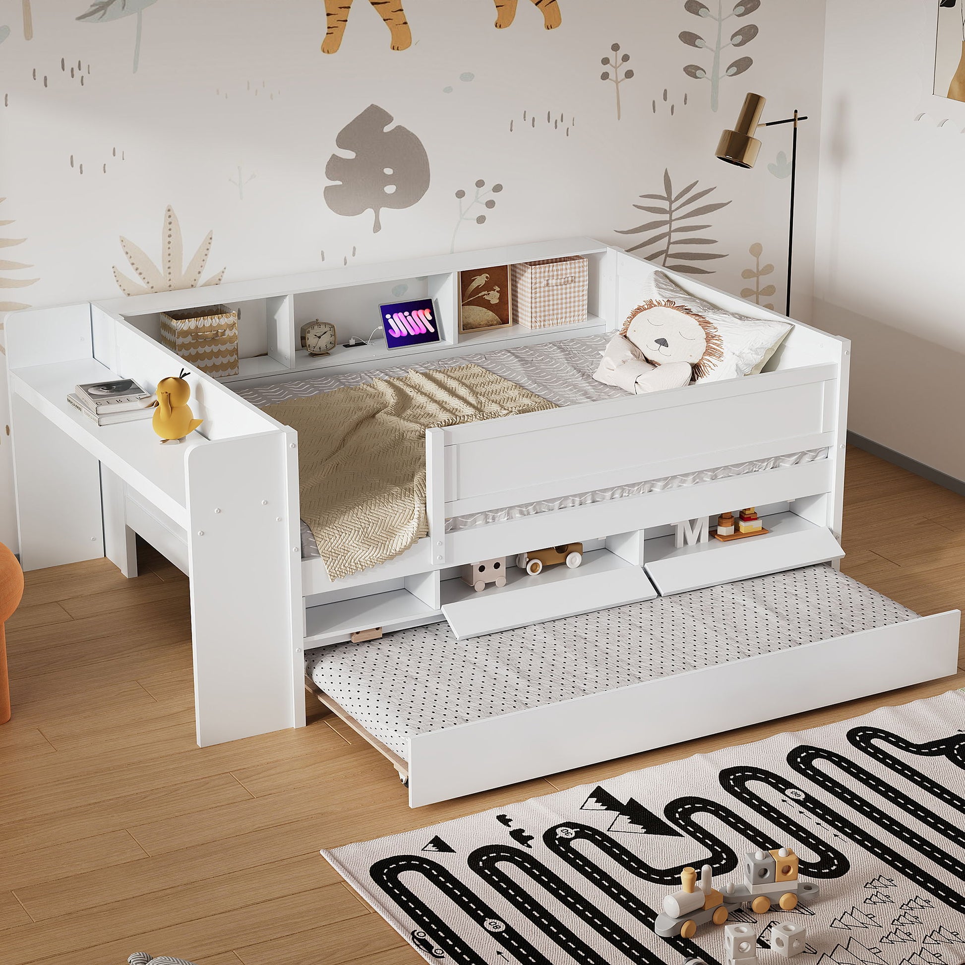 Twin Daybed With Drawers, Trundle, Headboard Storage, Study Desk, And USB Charging Station - White - The Sleep Loft - Online Mattress Showroom NYC