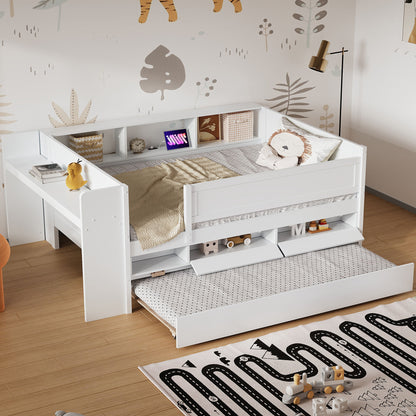 Twin Daybed With Drawers, Trundle, Headboard Storage, Study Desk, And USB Charging Station - White - The Sleep Loft - Online Mattress Showroom NYC
