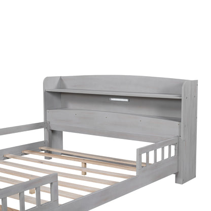 Wood Platform Bed With Built In LED Light, Storage Headboard And Guardrail - The Sleep Loft - Online Mattress Showroom NYC