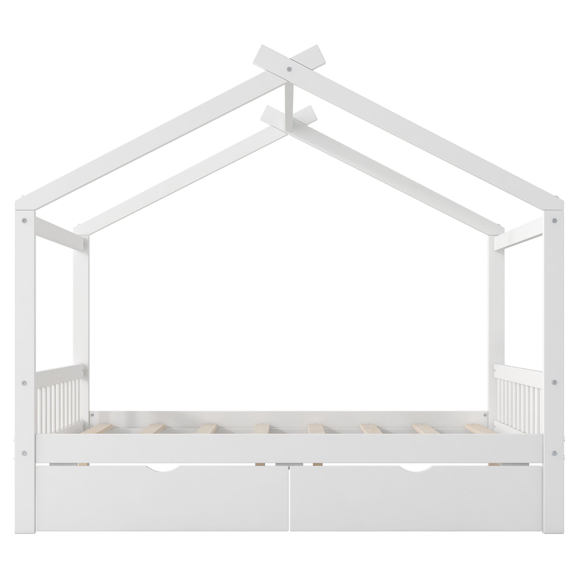 House Style Platform Bed With Headboard, Footboard, 2 Drawers, And Roof Design - The Sleep Loft - Online Mattress Showroom NYC