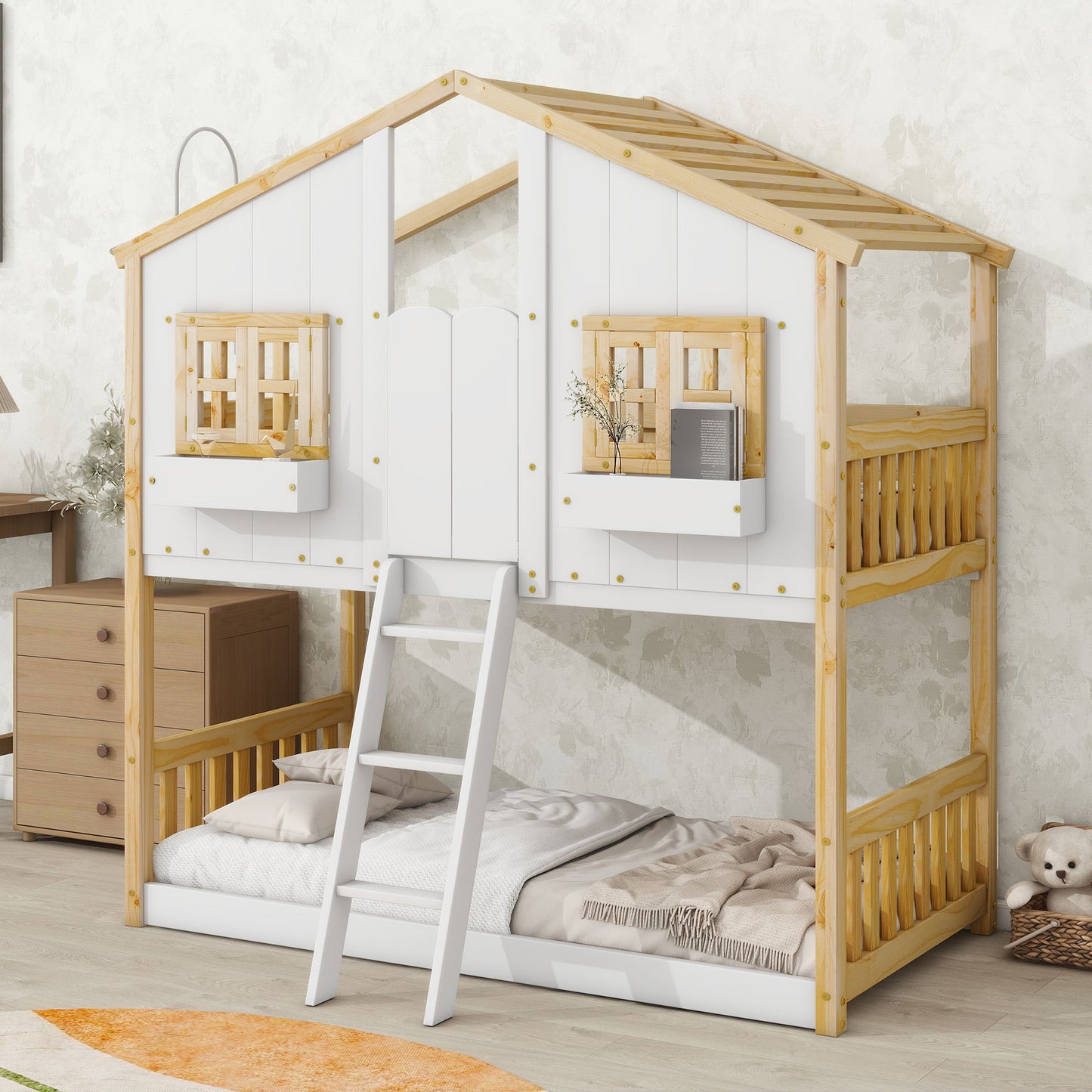 House Bunk Bed With Roof, Window, Window Box, Door, With Safety Guardrails And Ladder - The Sleep Loft - Online Mattress Showroom NYC