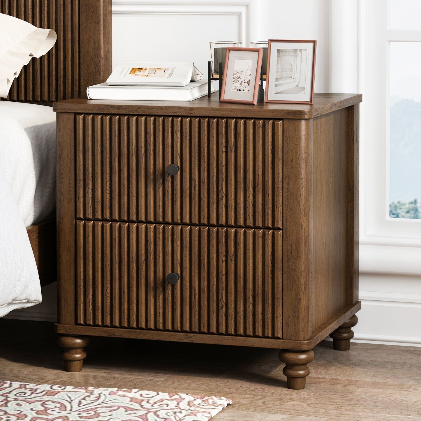 Mid Century Modern Fluted Nightstand 2 Piece Set With 3 Drawers - Walnut - The Sleep Loft - Online Mattress Showroom NYC