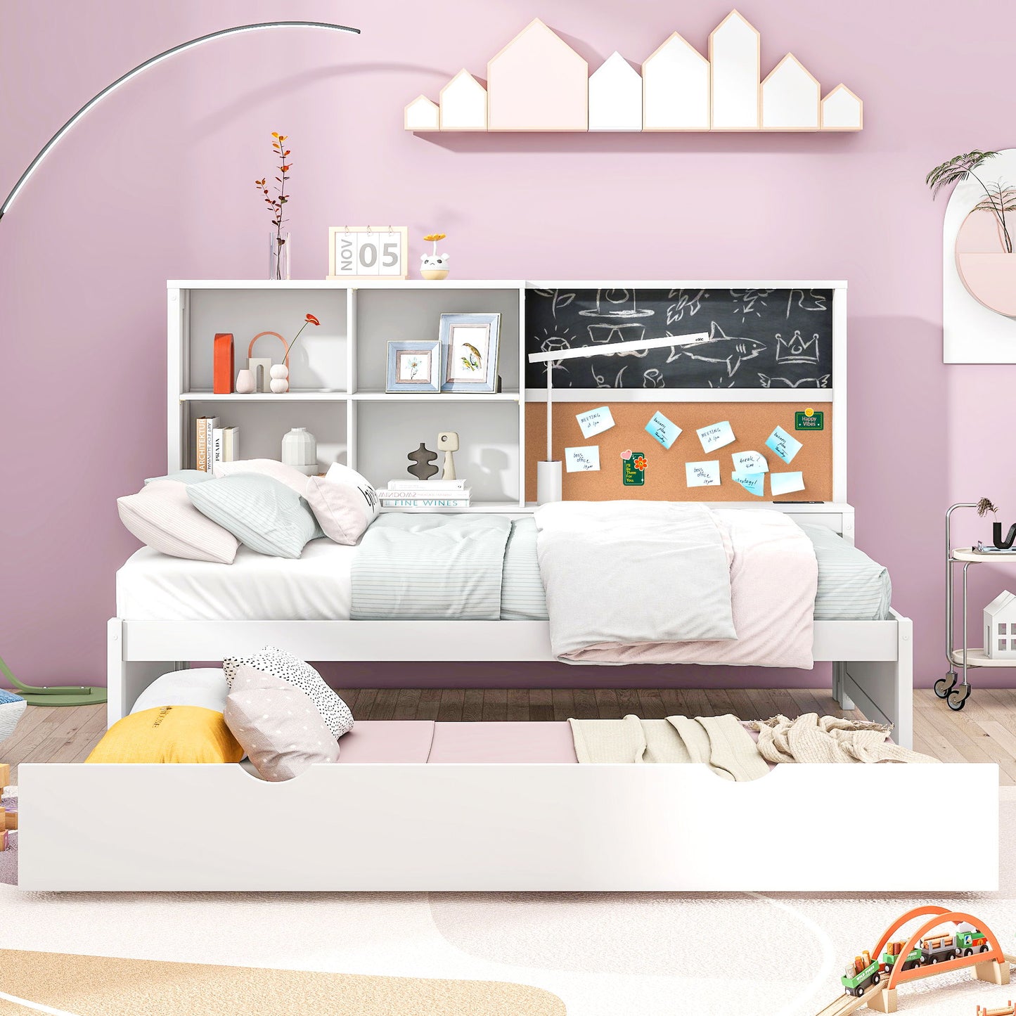 Twin Size Daybed With Storage Shelvesboard, Cork Board, USB Ports And Trundle - White - The Sleep Loft - Online Mattress Showroom NYC